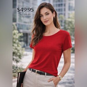 Theory Red Fitted Knit Top | Minimalist Luxe Tee | Chic Workwear Staple